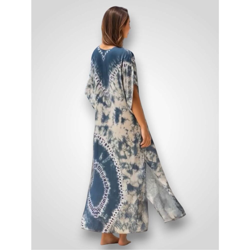 Desert Sage & Tan Tribal Long Kaftan Dress Boho Resort Festival